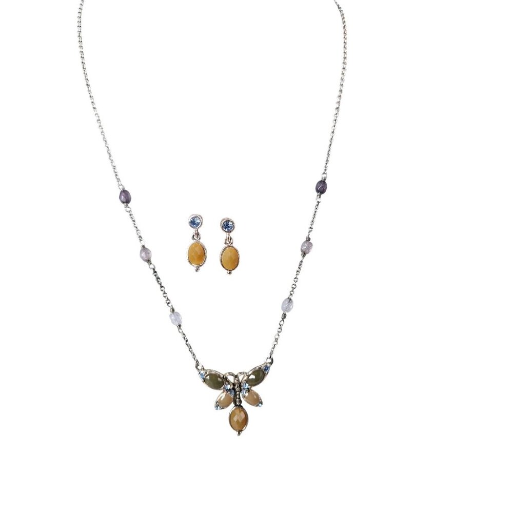 Monet SilverTone Necklace Earrings Set Butterfly Pendant Yellow Green Stones Lob